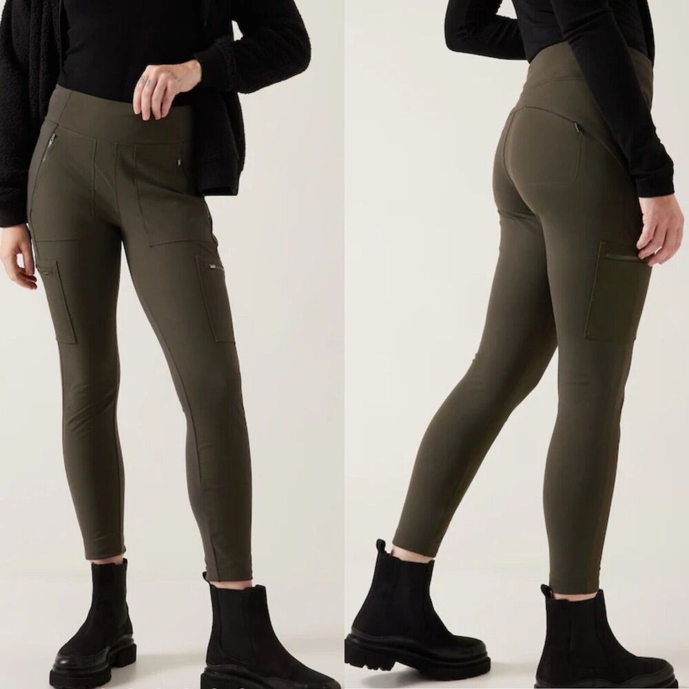 Athleta Headlands Hybrid Mid Rise Tight Stretch Green Pants Women's 2 Pockets